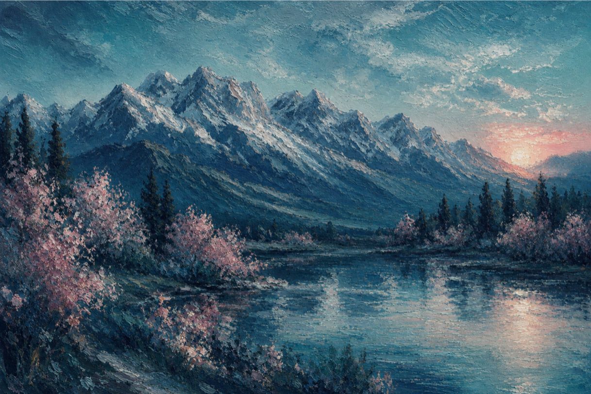 Painted mountain landscape reflecting the Roccia brand